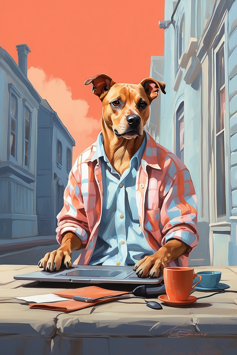 Gezeichneter Hund, der in der Sonne vor einem Computer sitzt - Ute Besch - 2024